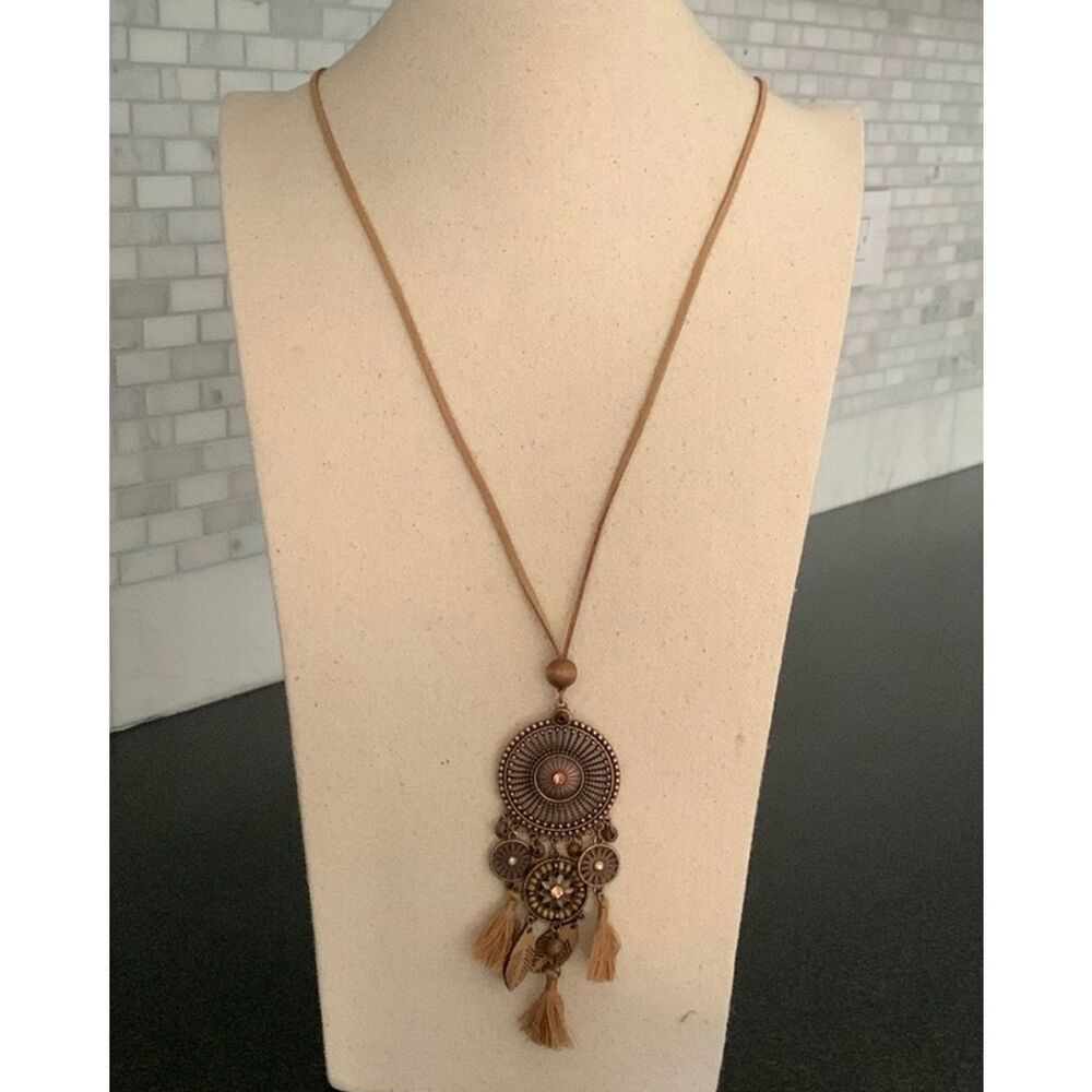 Boho Medallion Tassel Pendant Necklace – Bronze Tone with Faux Suede Cord